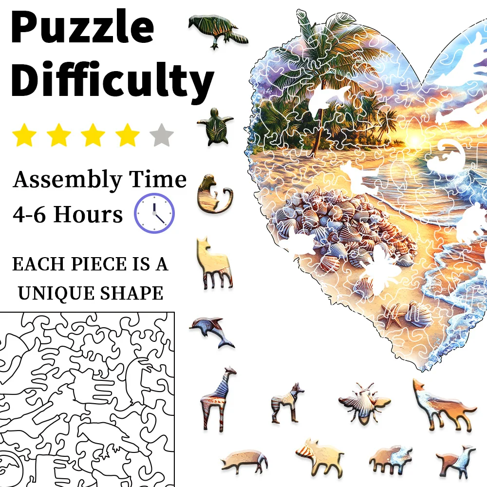 Hartvormige schelp strand houten puzzel |   Premium handgemaakt hersen-playspel met onregelmatige dierenvormen |   Luxe karton