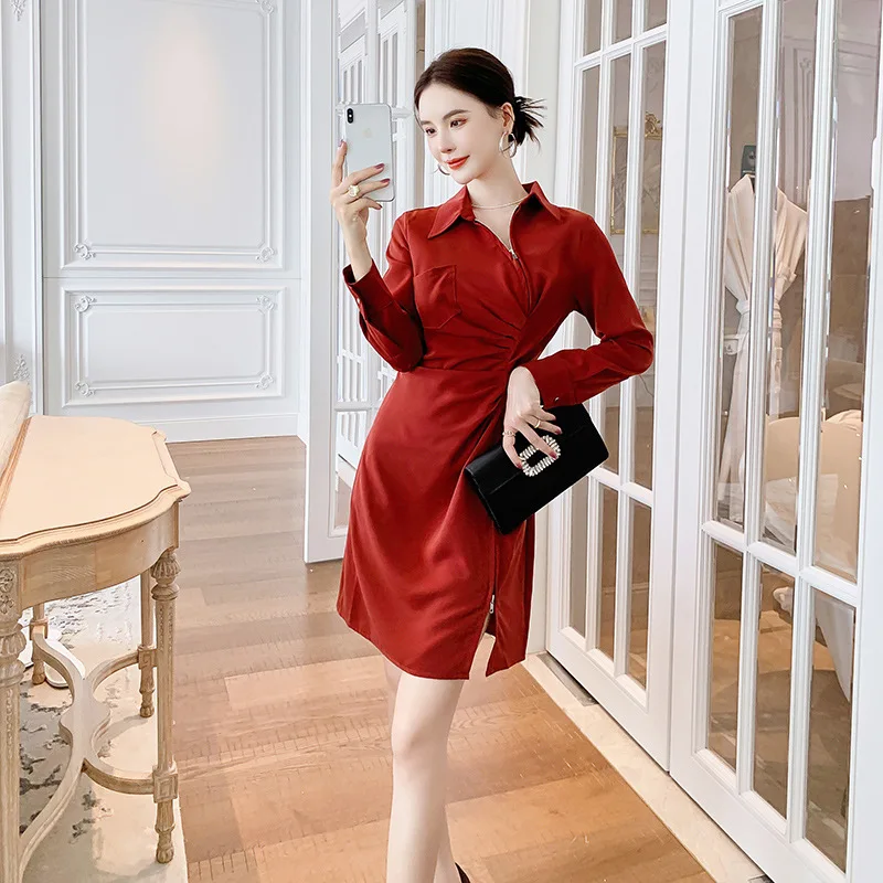 Sukienka koszulowa spódnica jesień nowa elegancka temperament kołnierzyk talia nieregularna dopasowana długa z długim rękawem