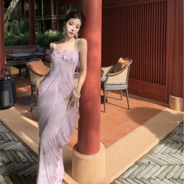 Temperamento francês super lindo vestido suspensor de malha roxa fada verão design sentido nicho férias à beira-mar saia longa