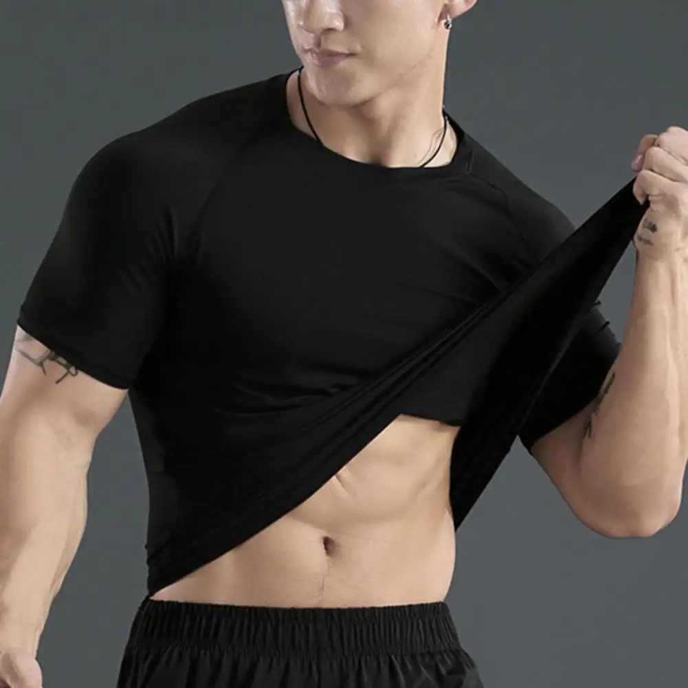 O-neck Short Sleeve Thin Solid Color Men T-shirt Summer Running Compression T-shirt Streetwear