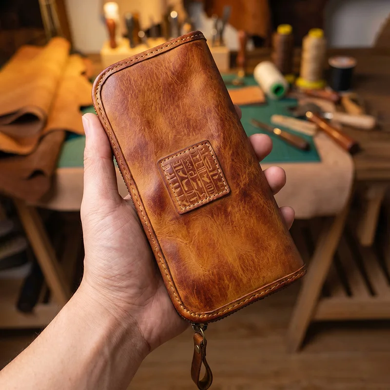 YETTIES Men's Vegetable Tanned Leather Long Clutch Wallet Large Capacity Multi-Function Document Vintage Business Handheld Purse