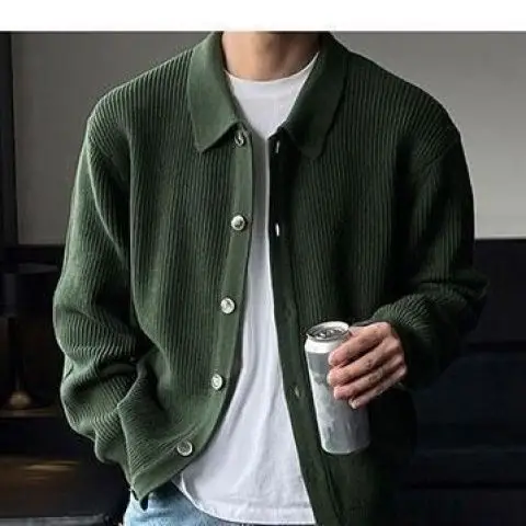 Мужской темно-зеленый кардиган с лацканами, свободный крой, универсальный красивый вязаный свитер в корейском стиле, осенне-зимние топы