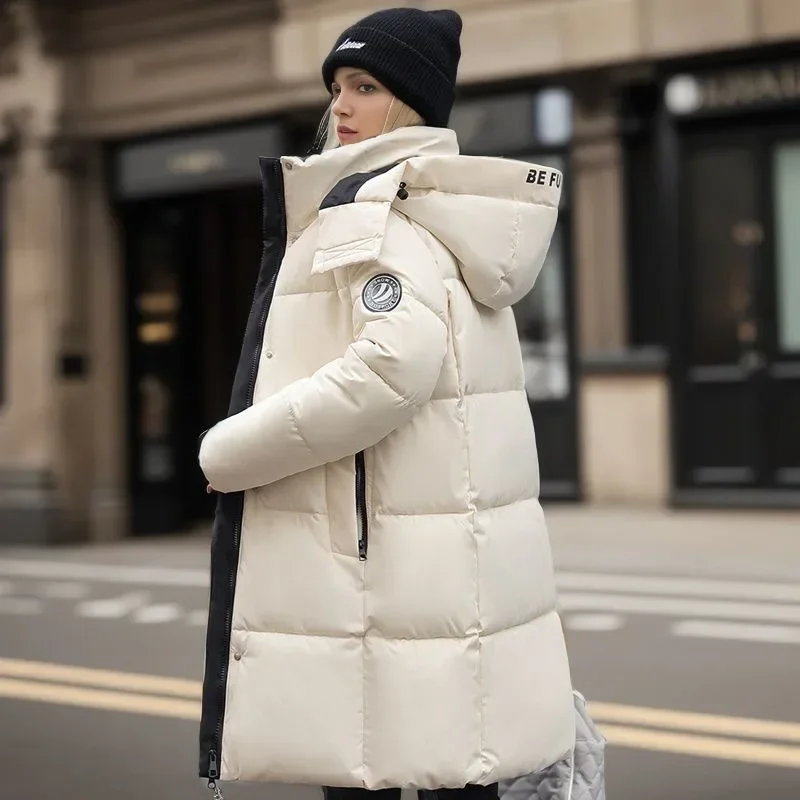 Chaqueta larga de plumón de algodón para mujer, Parka con capucha cálida y lisa con cremallera, abrigo holgado informal de gran tamaño para la