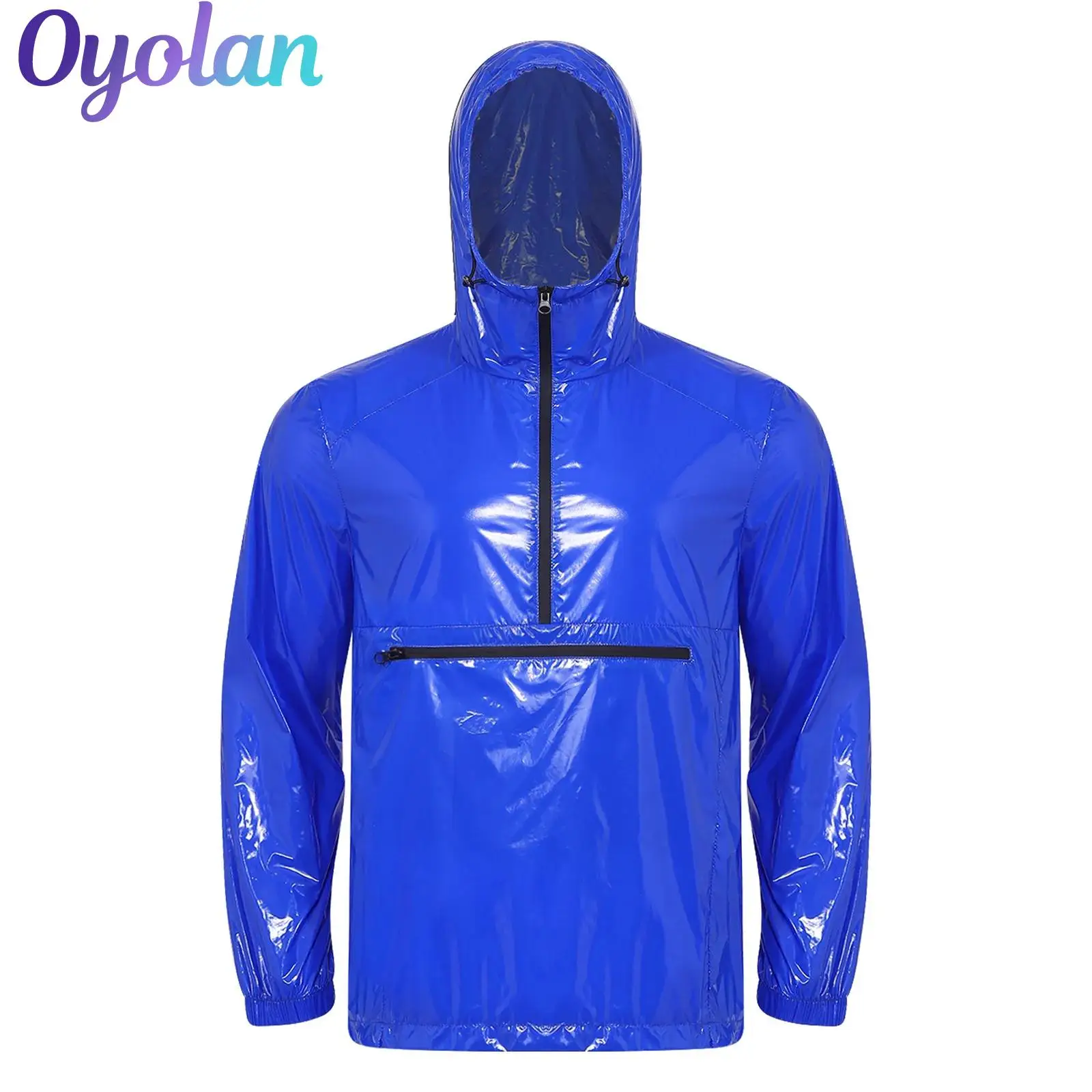 Mens Glossy Half Zip Hooded Waterproof Raincoat Jacket Tops Waterproof Sweatshirt Front Pocket with Zipper Long Sleeve Hoodie