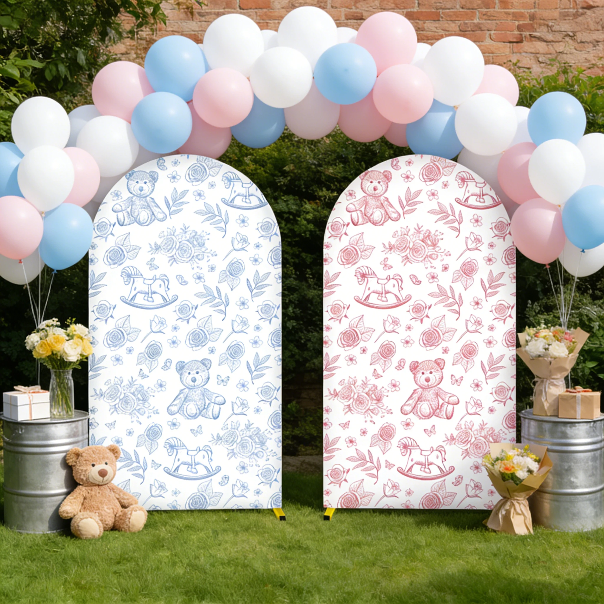 Baby Shower Double Sided Arch Backdrop Cover Pink Blue Teddy Bear Kids Birthday Party Decoration Background Customizable Name