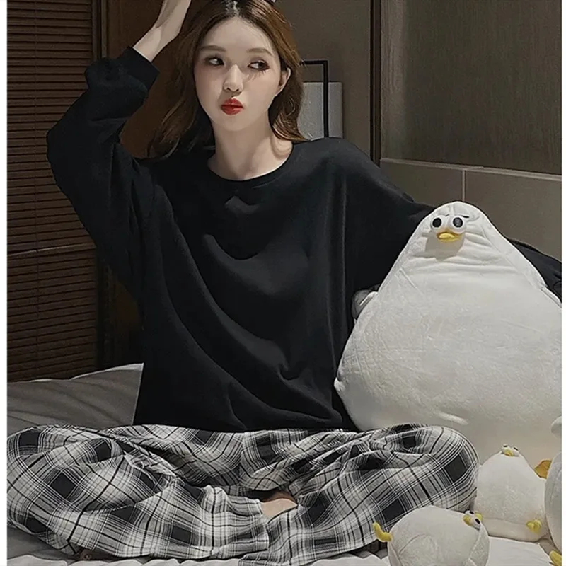 2PCS/Set Women Big Size with Chest Pads Pajamas Spring Autumn and Winter Long-Sleeved Headset Loose Homewear Can Be Worn Outside