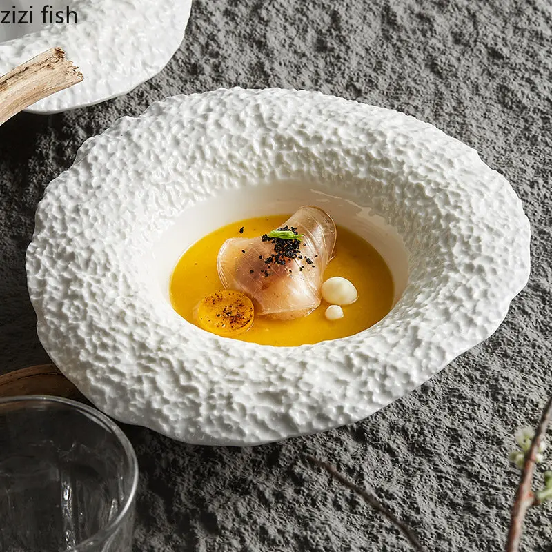 Rock Texture Ceramic Main Dish Plate Hotel Restaurant Household Dinner Plate Pasta Salad Mushroom Soup Plates Hat Shaped Bowl