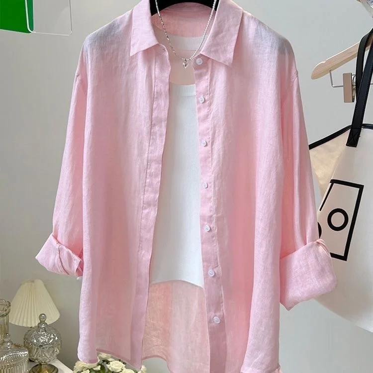 

Blue Linen Women's Shirt Loose Fit Sun Protection Slimming Cotton Linen Summer New Style Collar Long Sleeve Breathable