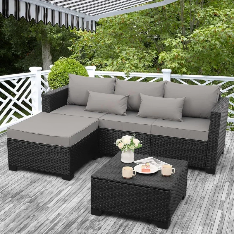 QRattaner 3 Pieces Set Sectional Wicker Furniture Patio Couch with Ottoman and Outdoor Storage Tab