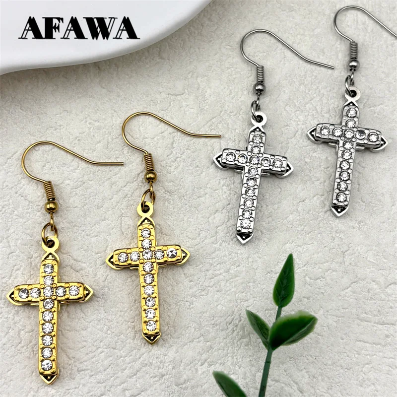 Catholic Cross Rhinestone Earrings for Women Stainless Steel Gold/Silver Color Dangle Earrings Birthday Party Jewelry Gifts