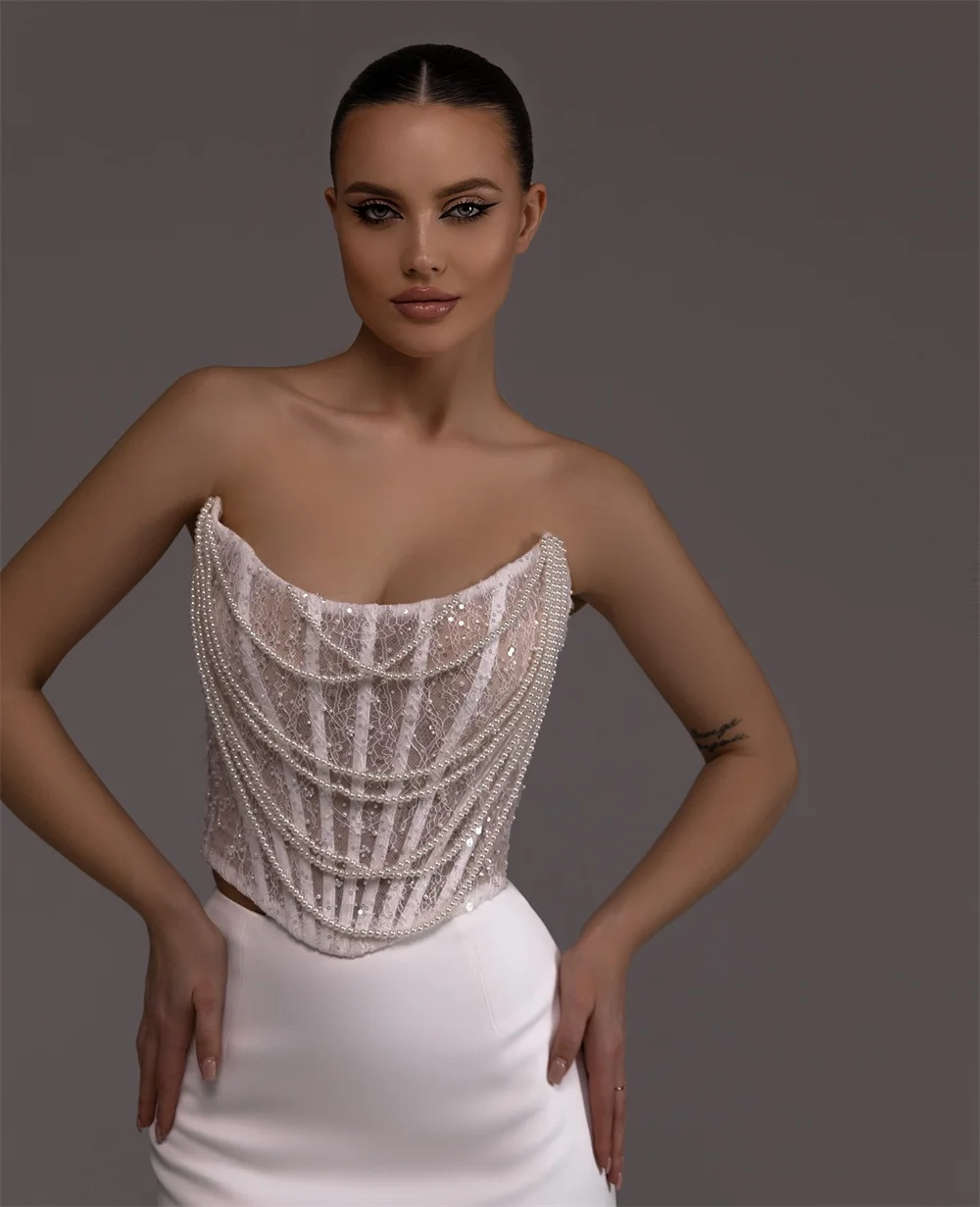 طوكيو مخصص أنيقة قبالة الكتف فساتين الزفاف بلا أكمام ذيل محكمة زي العرائس 2025 الأبيض الساتان حورية البحر فساتين الزفاف #2