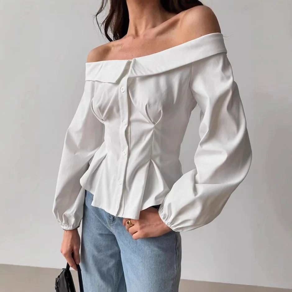 

2026 Spring Summer New Off Shoulder One Shoulder Collar Shirt Layering White Waist Cinching Long Sleeve Top Women Design Sense