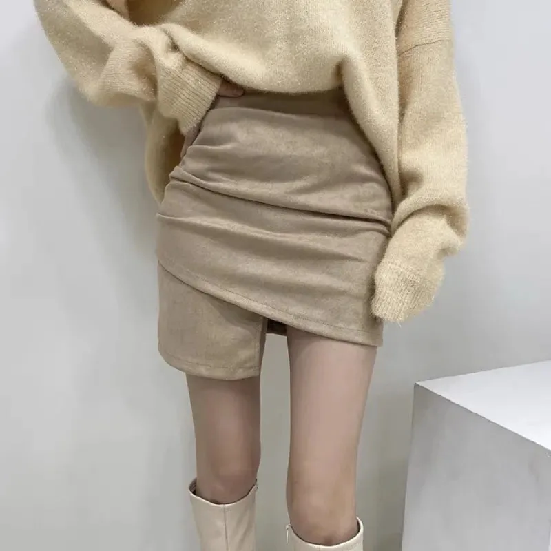 Khaki Deerskin Velvet Short Skirts Women Fall Winter High Waist Irregular Mini Skirt Ladies Sexy High Waist Office Bodycon Skirt