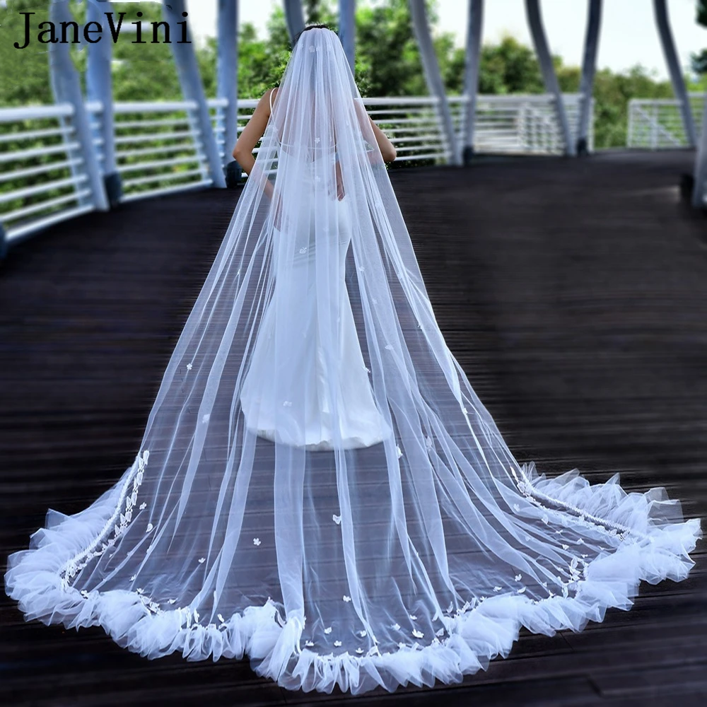 

JaneVini Elegant Lace Flowers Bride Veil for Bachelorette Party Cathedral Long with Comb One Layer Bridal Wedding Veils Church
