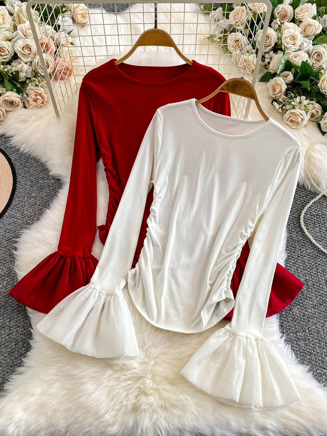 mat Color round Ne T-irt Women's Spring Autumn Gathered Waist Slimming Bell Sve Splice Base Top