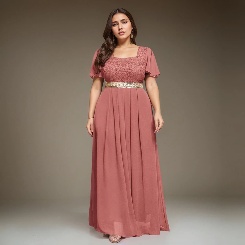 

Women Plus Size Chiffon Dress Square Collar Sequined Lace Evening Party Wedding Guest Maxi Dress Short Sleeve Sweet Dresses