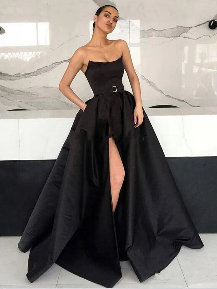 

BridalAffair Black Evening Dresses Simple Formal Prom Dresses with High Split Cocktail Party Celebrity Dress with Belt Plus Size