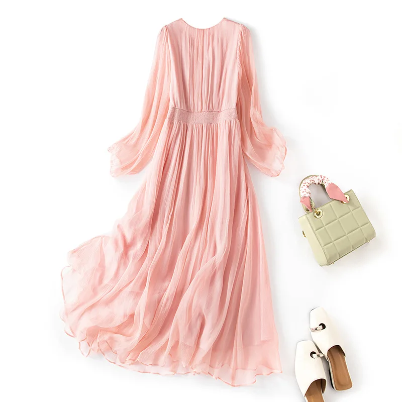 

Women 100%Real Silk Elegant Dress, Long Sleeve V Neck Sequins, French Beach Fairy Dresses, 2025 Summer New