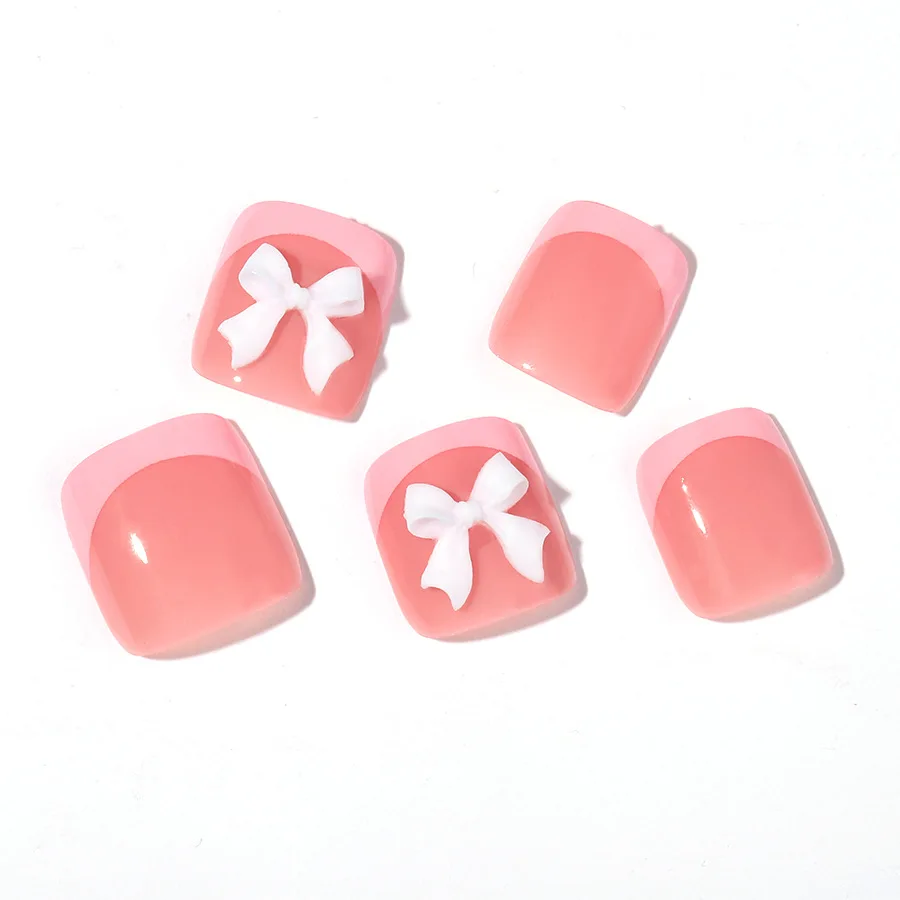 Uñas postizas para pies, juego de manicura con diseño de lazo blanco, color rosa francés, 24 piezas, Verano