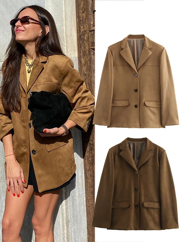 

TRAFZA 2024, женский зимний модный однотонный пиджак с лацканами и карманами, повседневный топ, женское свободное короткое пальто, уличная куртка