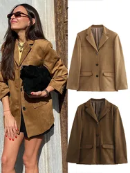 TRAFZA 2024 Women's Winter Fashion Solid Color Blazer Lapel Pocket Decorated Casual Top Women's Loose Short Coat Street Jacket