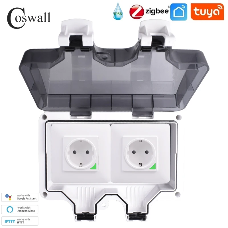 Coswall Tuya Zigbee / WIFI IP66 Waterdicht EU FR UK Universele stopcontacttijdschakelaar Programmeerbaar met stroombewakingsfunctie