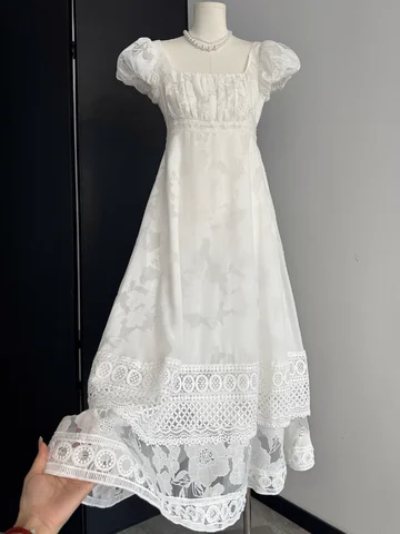 Summer Vintage Victorian Style White Prince Dress Woman Retro French Lace Jacquard Puff Sleeve Hollow Out Long Dresses Fairycore