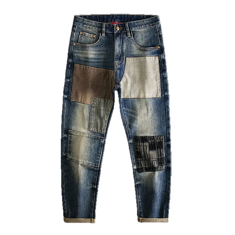 Street Designer Fashion Mannen Jeans Retro Blauw Stretch Slim Fit Patched Ripped Jeans Mannen Y2K Hip Hop Vintage Denim Broek Hombre