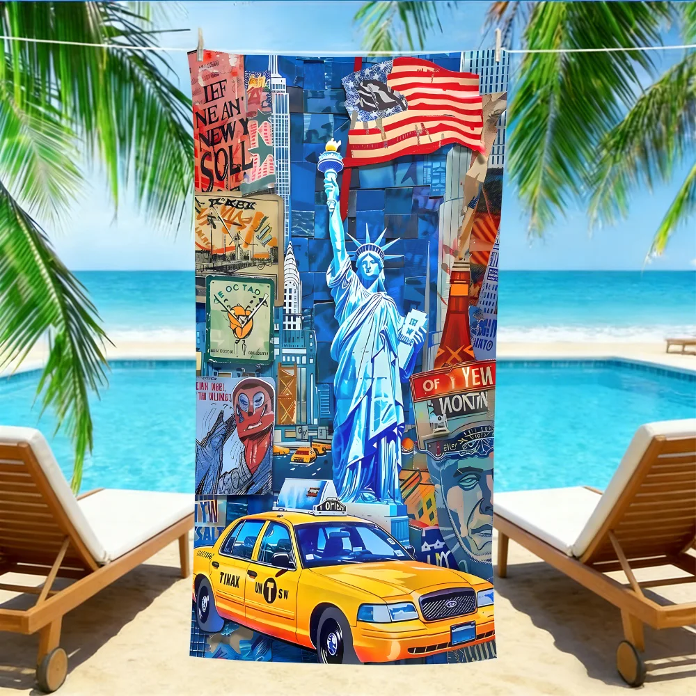 New York City Pop Art Beach Towel – Oversized Quick Dry Sand Free with Liberty Statue & Yellow Cab Print for Travelers