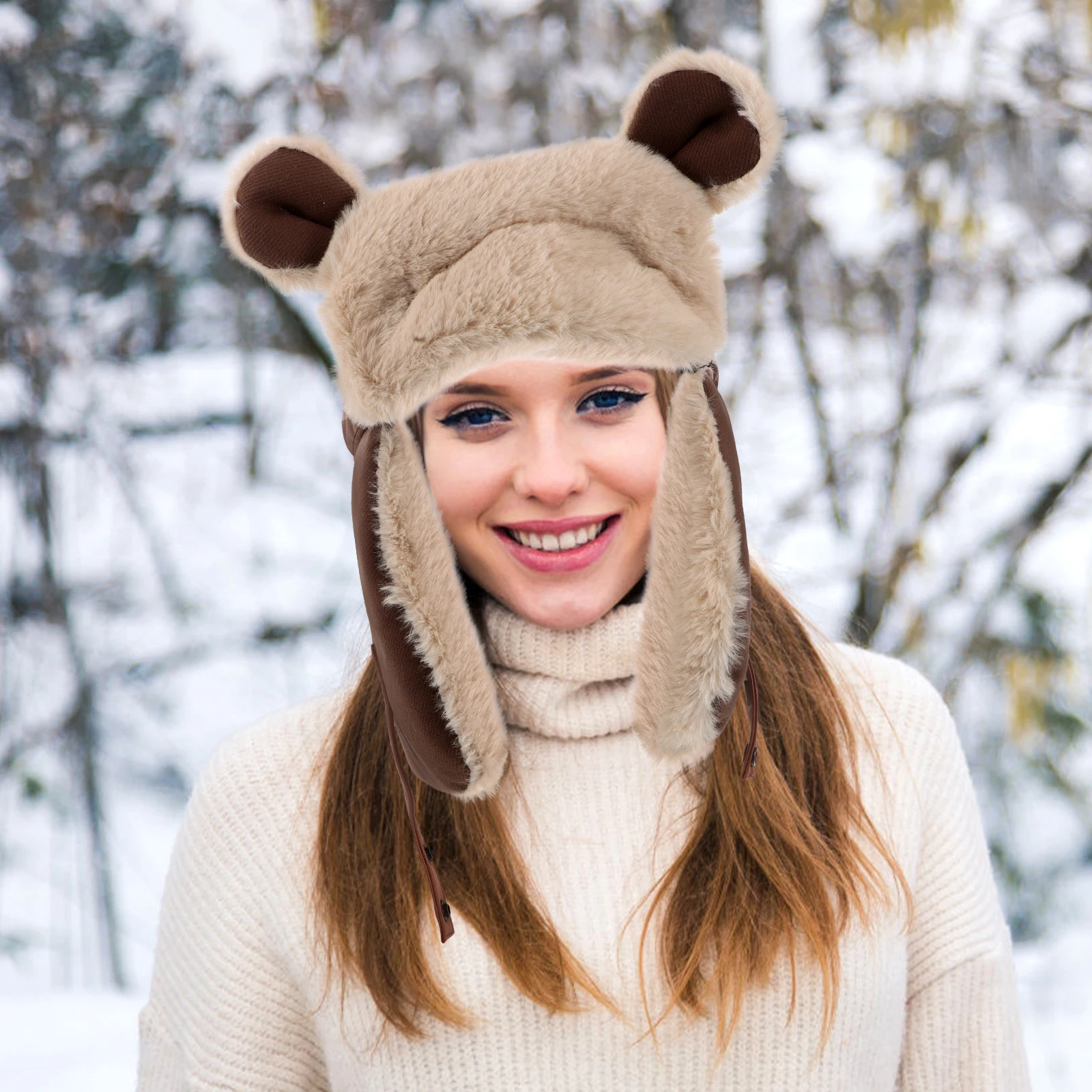 

Thickened Warm Winter Hat Adorable Bear Design Earflaps Outdoor Ski Hiking Hunting Cap Unisex Comfortable Windproof Thermal