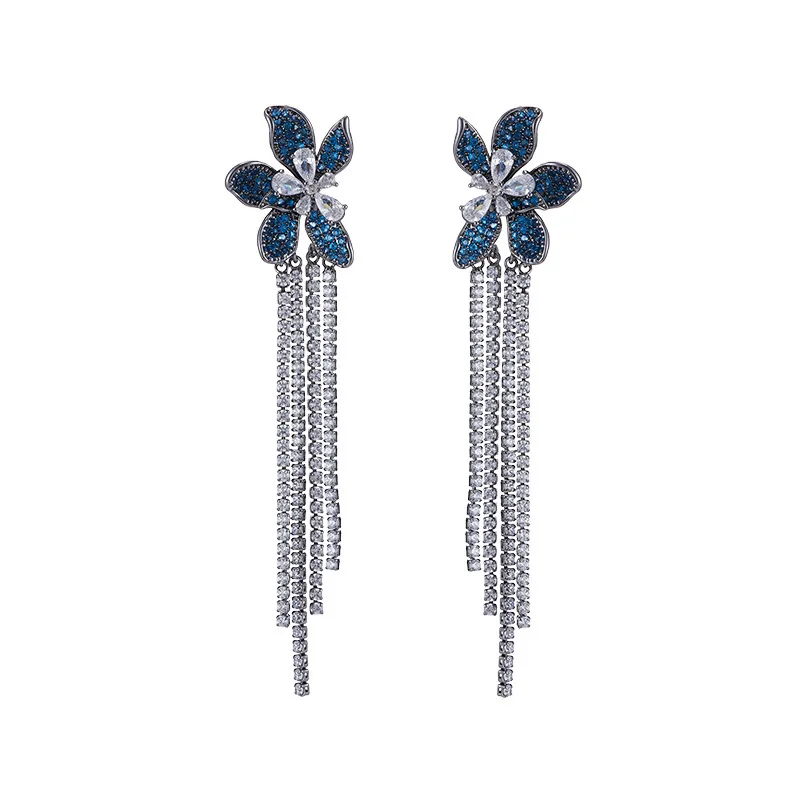Luxury Long Tassel Flower Drop Earrings Inlaid Zircon Silver Needle Heavy Craft Elegant Wedding Evening Party Dress Jewelry