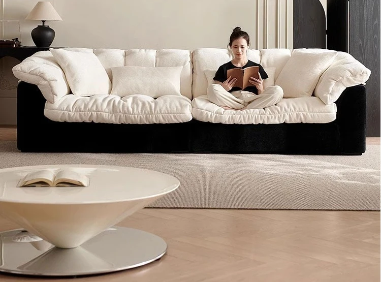 

Living room straight row black and white color matching French lazy wind chenille cloud fabric sofa