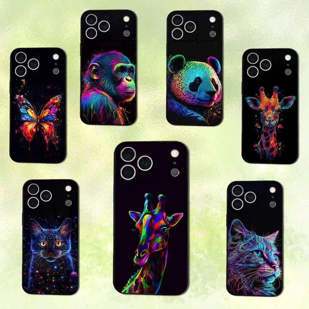حافظة هاتف على شكل حيوانات فنية بخطوط ملونة لهاتف آيفون 14,13,17,12,11,16,15,Plus,Pro Max,XS,X,XR,SE,Mini,Soft غطاء أسود من السيليكون