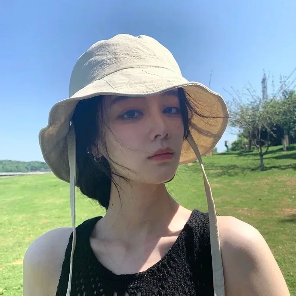 Lace-up Fisherman Hat Summer Light Thin Casual Outdoor Windbreak Rope Sunshade Basin Hat Ins Sunscreen Hat