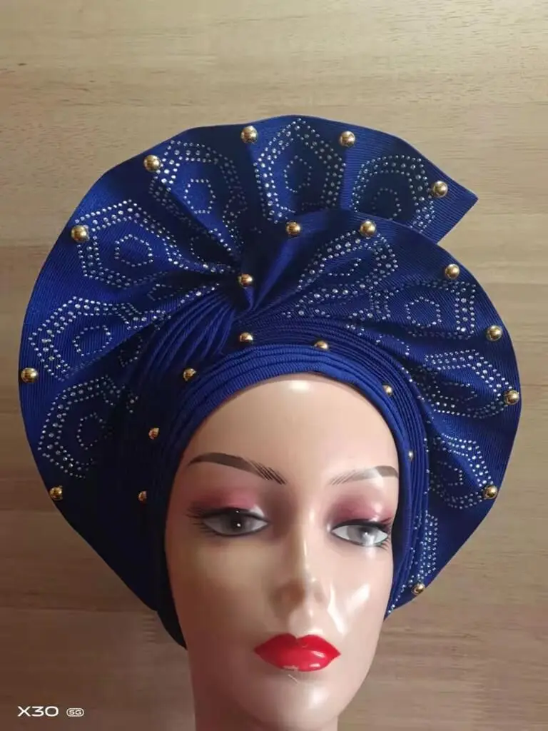 Fashion Nigerian Gele Headtie Aso Oke Gele Already Made Auto Gele Aso African Turban Cap With Beads For Party 1Piece