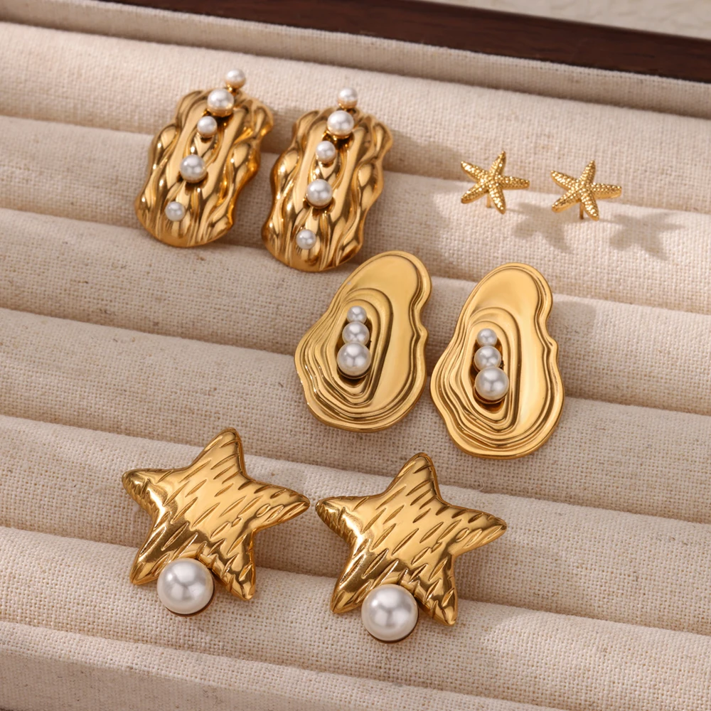 Vintage Pearl Starfish Stainless Steel Stud Earrings For Women Simple Star Oysters Earrings Stud Ocean Party Jewelry Gift