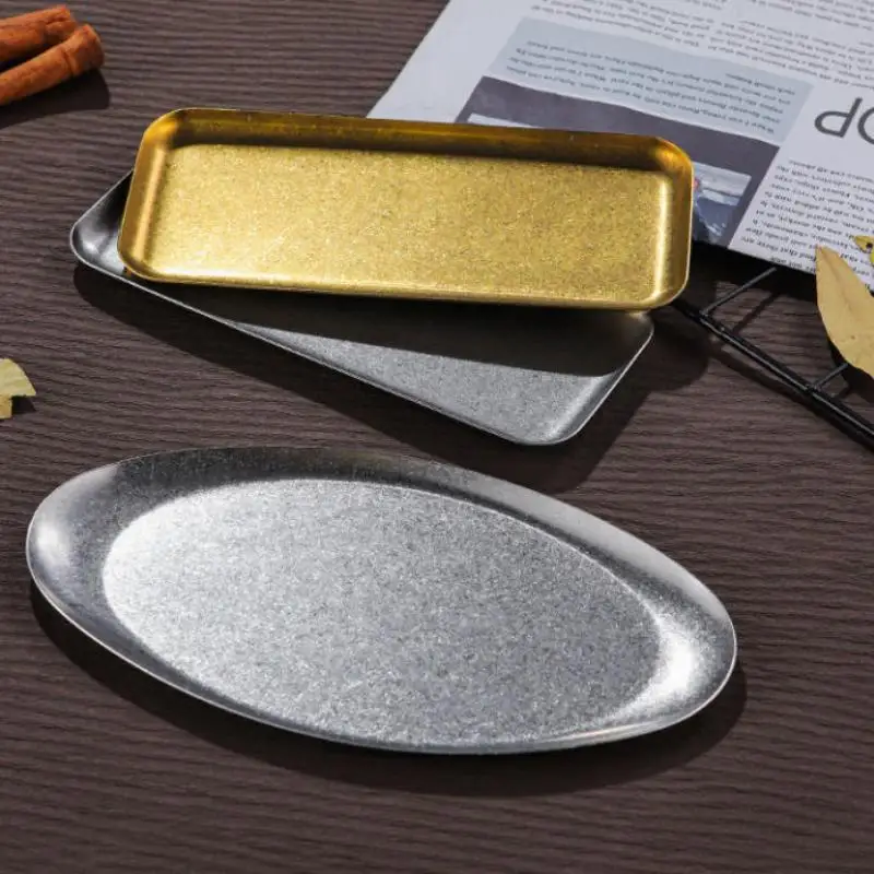 Retro Stainless Steel Trays, Sushi Plates, Snack Plates, Pastry Plates, Oval Shallow Trays, Industrial-style Tableware