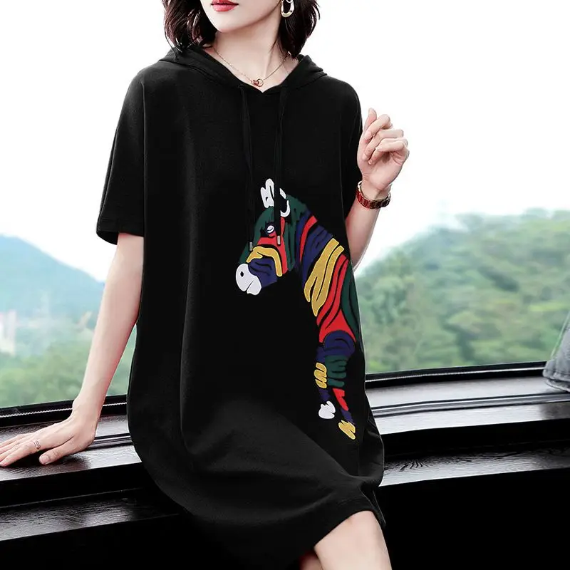 Hooded Dress for Women Summer 2025 New Casual Mid-length T-shirt Skirt Lazy Style Loose