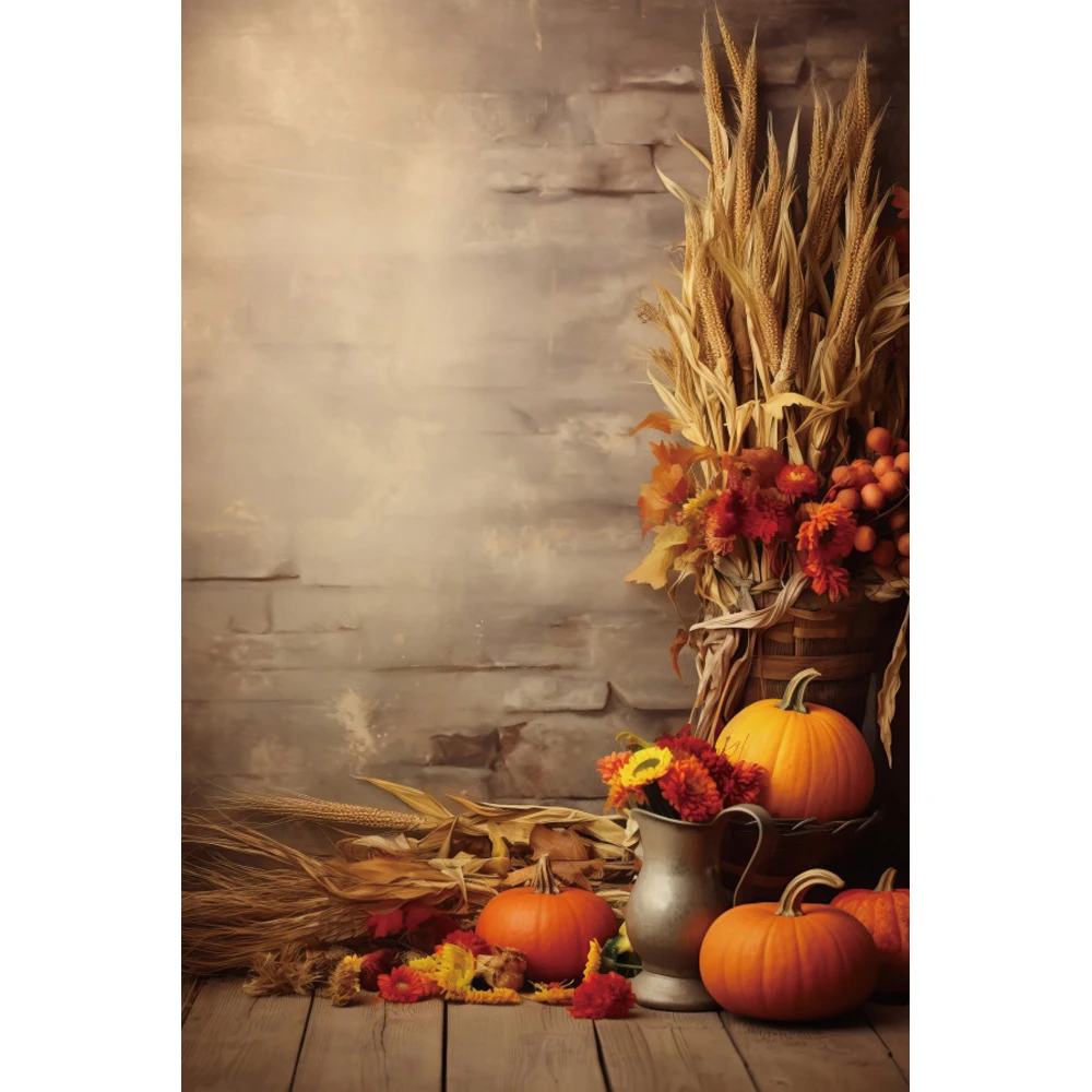 

Laeacco Thanksgiving Autumn Background Rustic Wooden Floor Barn Pumpkin Sunflower Harvest Party Portrait Photography Background