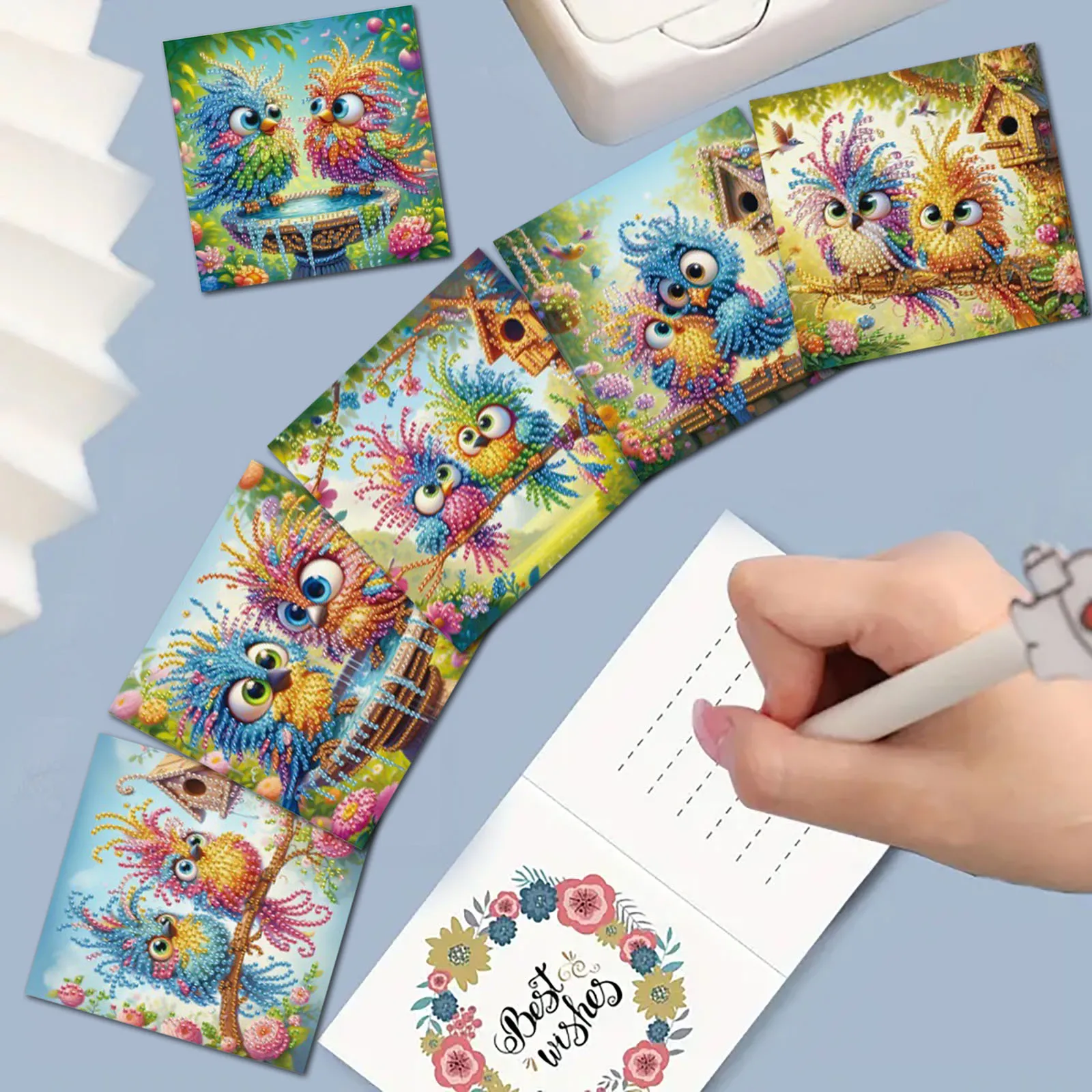 6-Piece DIY Diamond-Painted Owl-Themed Greeting Card Set, With a Unique Design, Is Used to Express the Best Wishes