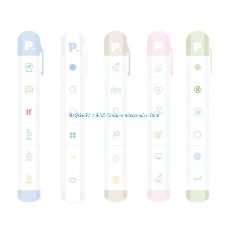F68B 6 Pattern in 1 ABS Stamp Marker Pen With Interchangeable Head For Travel Journal