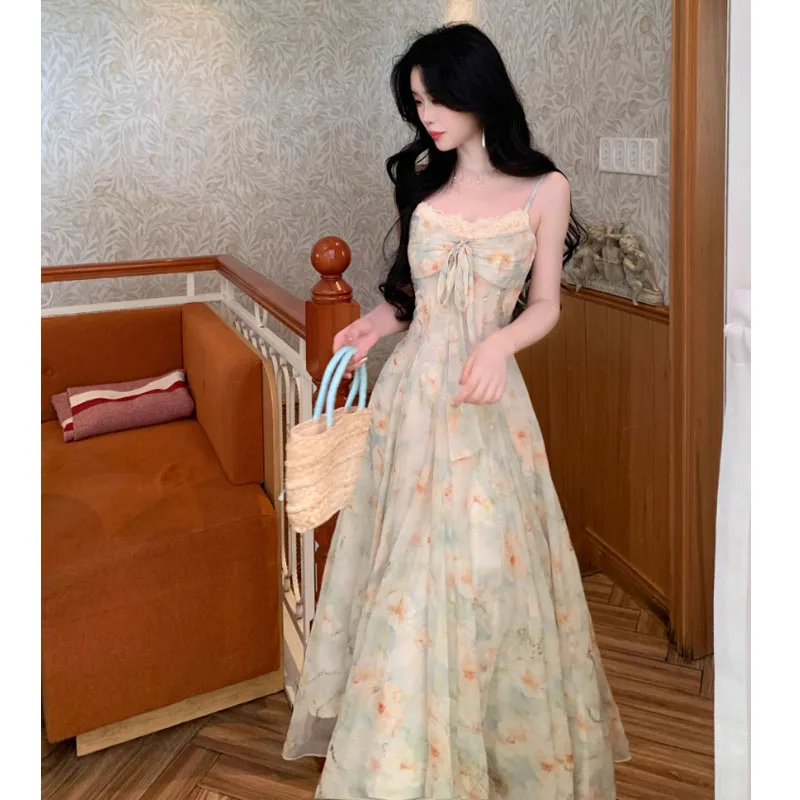 2026 Summer Floral Printed Long Dress Women Patchwork Lace Chiffon Fairy Dress Casual Gold Stamping Bow Tie Suspender Dress