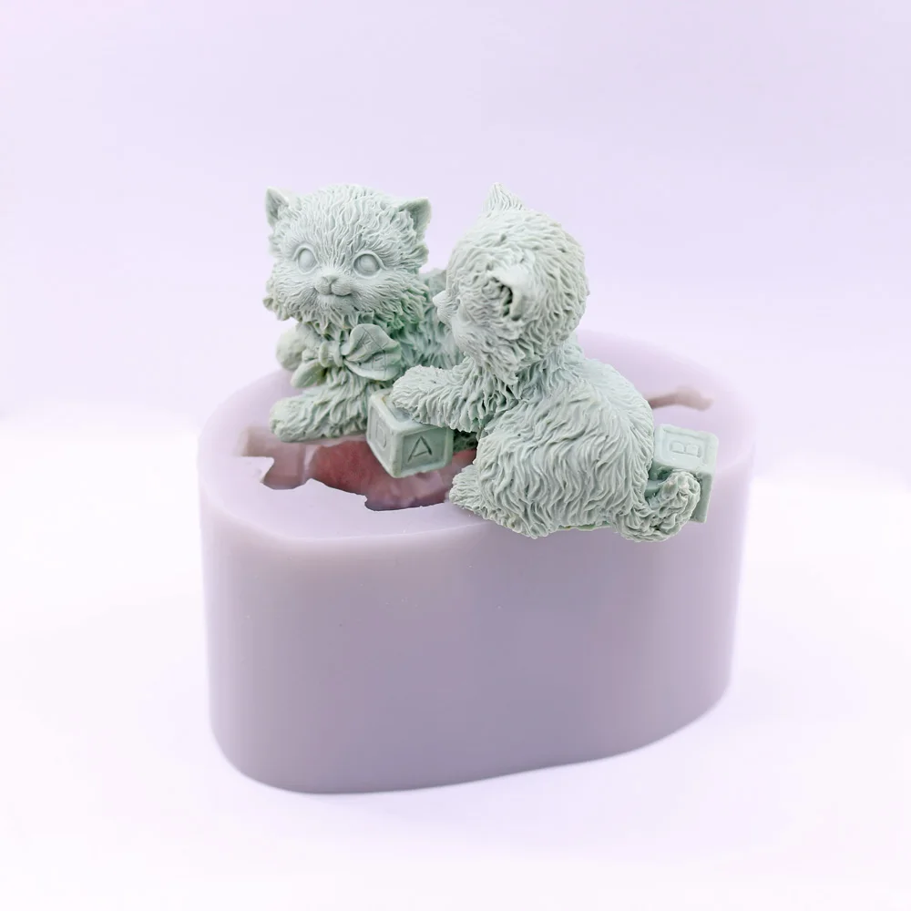 3D Twin Cats Playing with Building Silicone Mold for Baking Cute Kitten Candy Cake Decor Chocolate Sugarcraft Kitchen Mold