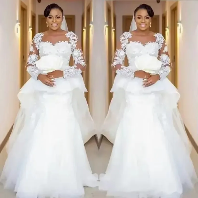 Customized African Plus Size Mermaid Wedding Dresses Jewel Neck Lace Appliques Beads Long Sleeves Peplum Sweep Train Dubai Brida