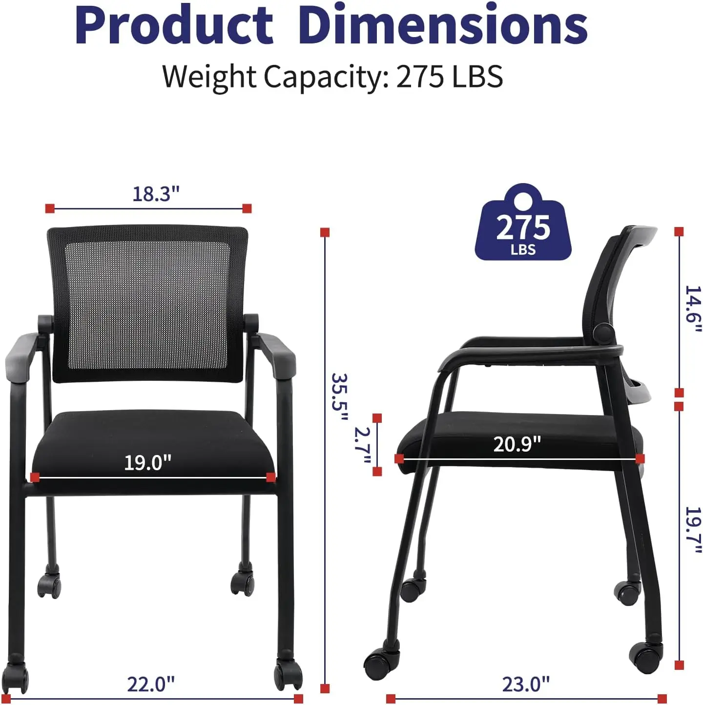 Waiting Room Chairs with Wheels, Adjustable Mesh Backrest, Desk Chair with Ergonomic Lumbar Support