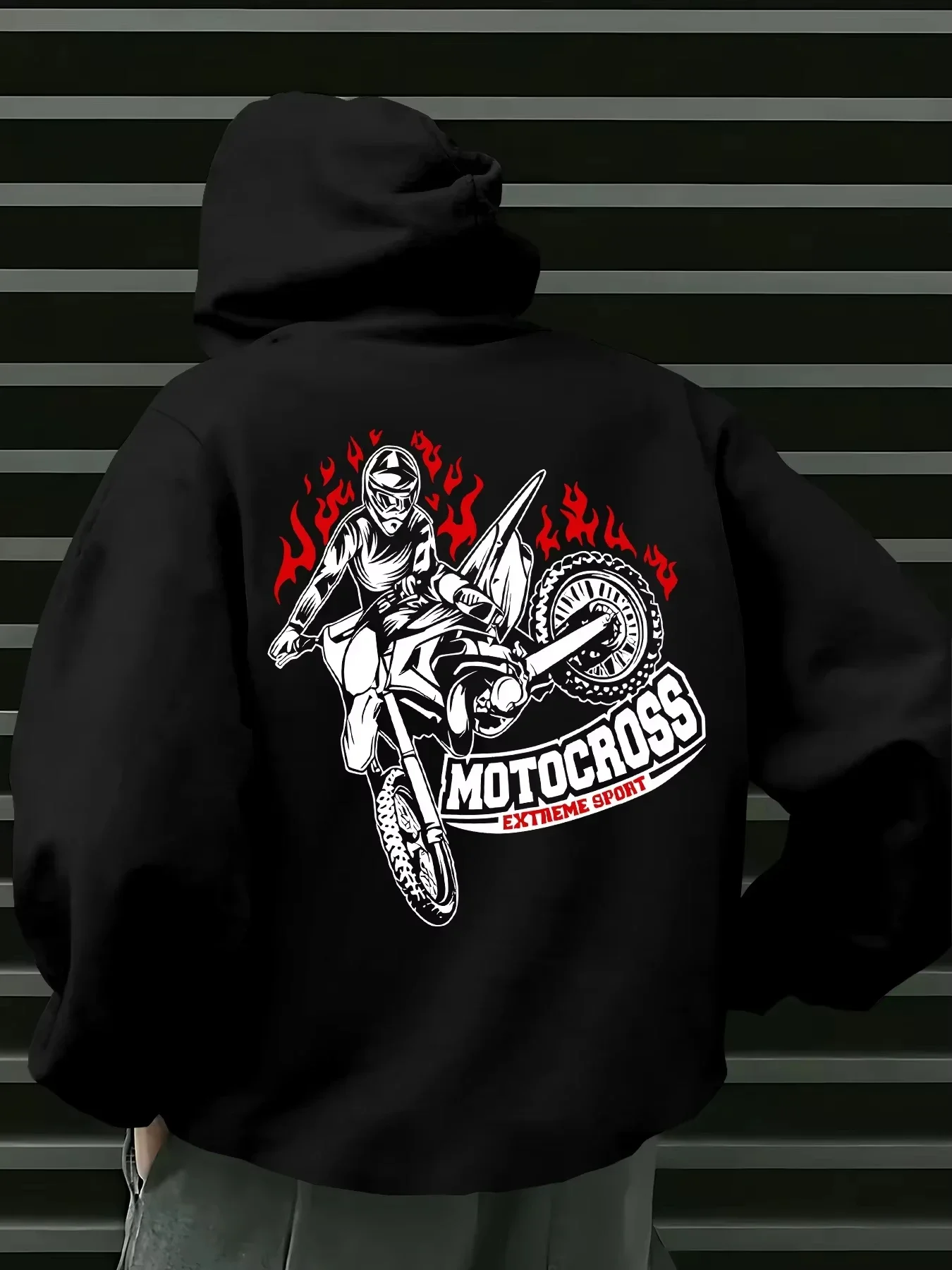 Men's Motocross Hoodie Dirt Bike Rider Flame Graphic Extreme Sports Fleece Sweatshirt Streetwear Autumn Winter