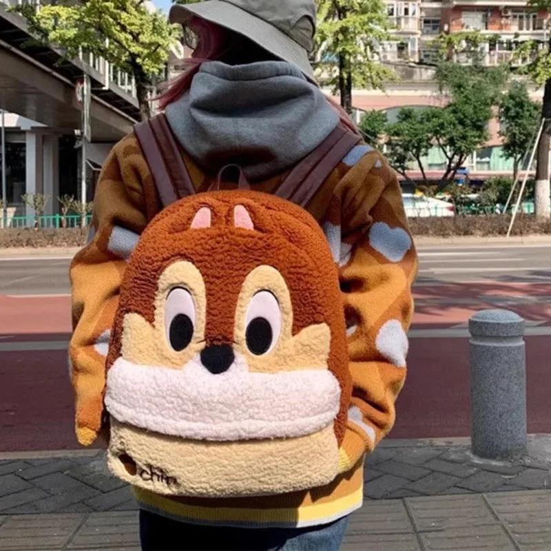 Disney Chip \'n\' Dale Plush Backpack Anime Cartoon Large Capacity Zipper Student Girl Travel Bag Fashion Cute Chipmunk Chippy Bag