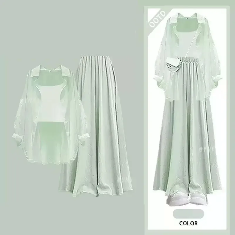 طقم نسائي جديد للربيع والصيف مكون من 3 قطع: قميص كاروهات واقي من الشمس + حزام + تنورة فضفاضة، بدلة أنيقة على الطراز الكوري