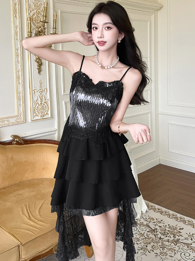 

Summer Sequins Patchwork Lace Elegant Ruffled Midi Dress Women Korean Vintage Hepburn Black Dress 2025 Elegant Bodycon Vestidos