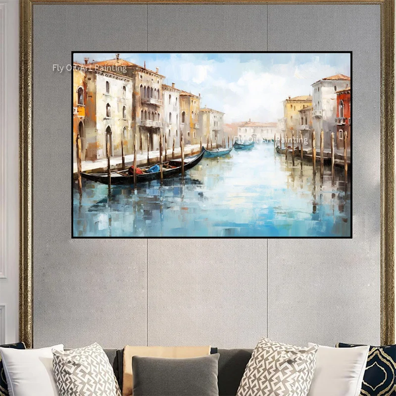 Vintage Water Town Canvas Oil Painting, Hand Painted Thick Texture Gondola Canal European Cityscape Wall Decor Art